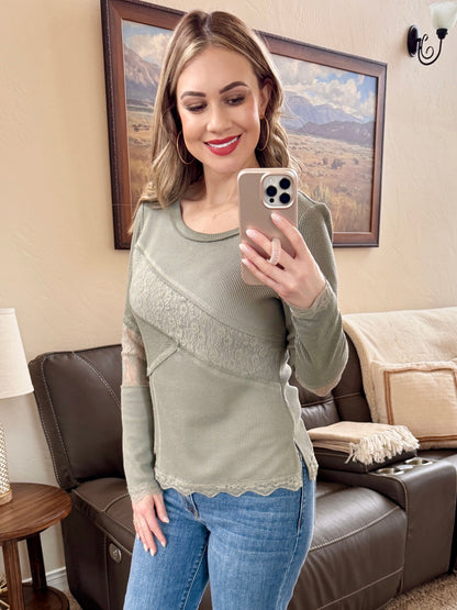 Olive Lace Detail  Long Sleeve Top