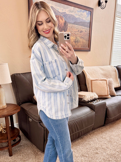 Pin Stripe Denim Shacket In Light Wash & White