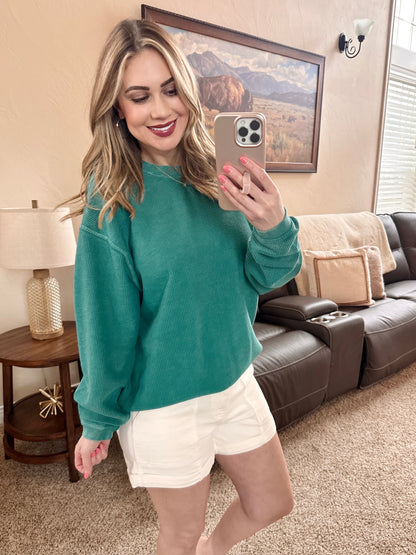 Luxe Corded Crewneck in Teal