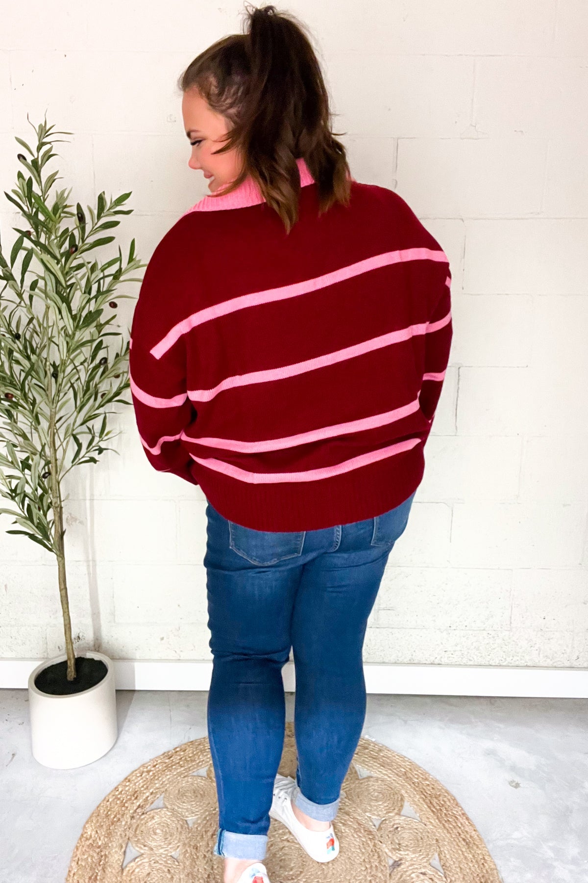 Fall For You Crimson Stripe Notched Neck Collared Oversized Sweater