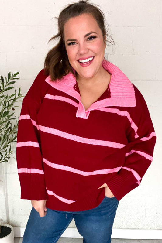 Fall For You Crimson Stripe Notched Neck Collared Oversized Sweater