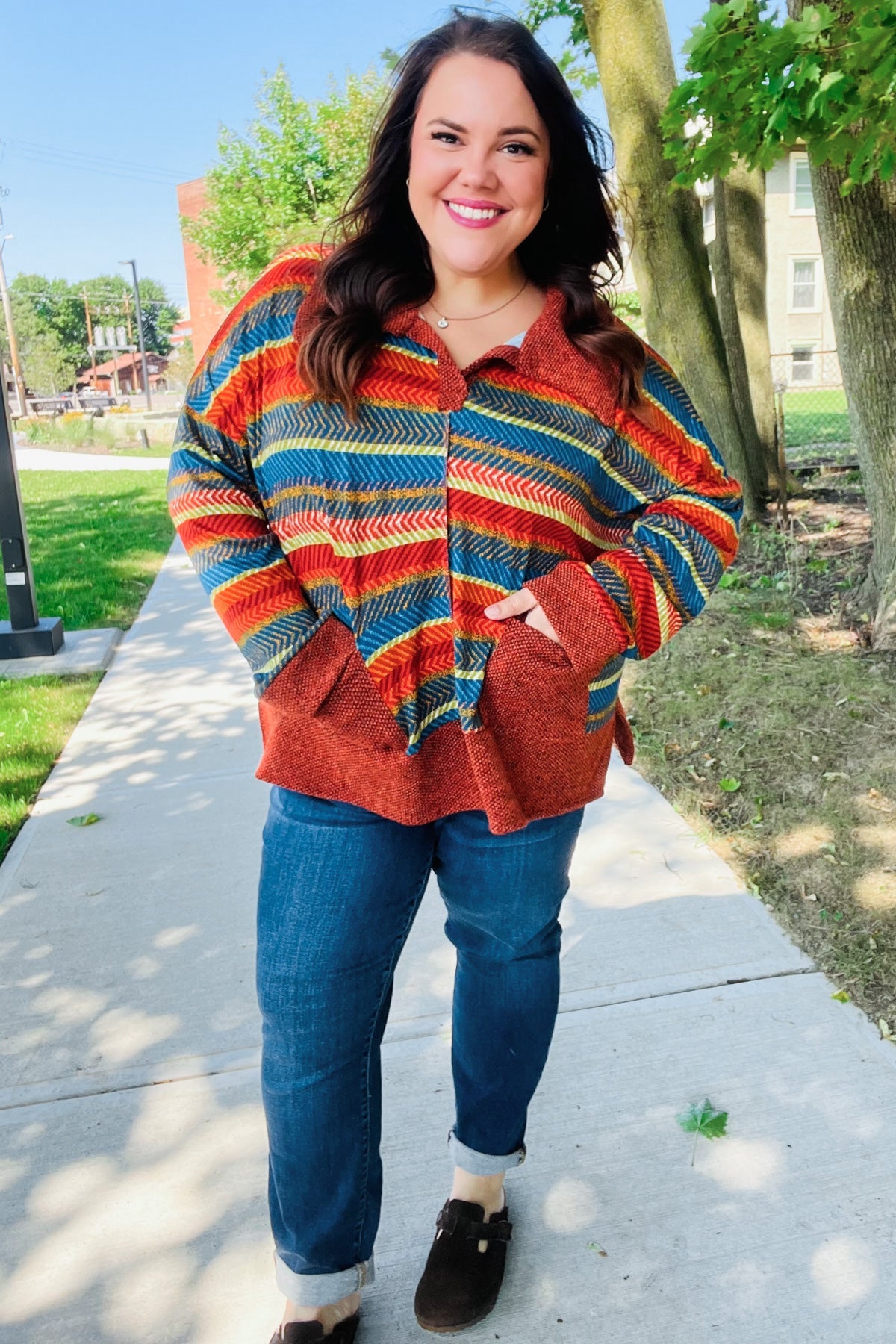 Casual Living Rust & Teal Striped Two Tone Knit Pocketed Top