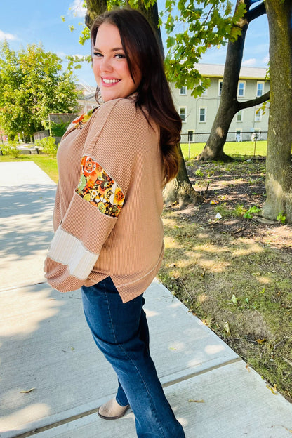 Charming Caramel Floral Print Colorblock Notch Neck Top