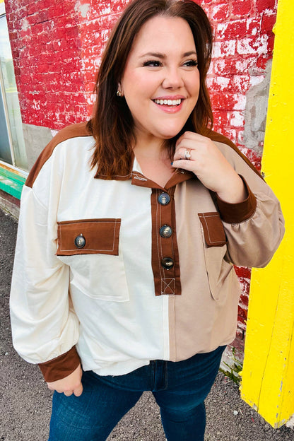 Sepia Ivory & Taupe Color Block Button Down Pullover