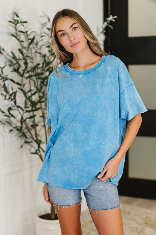 Zenana Washed Short Sleeve Top in Deep Sky