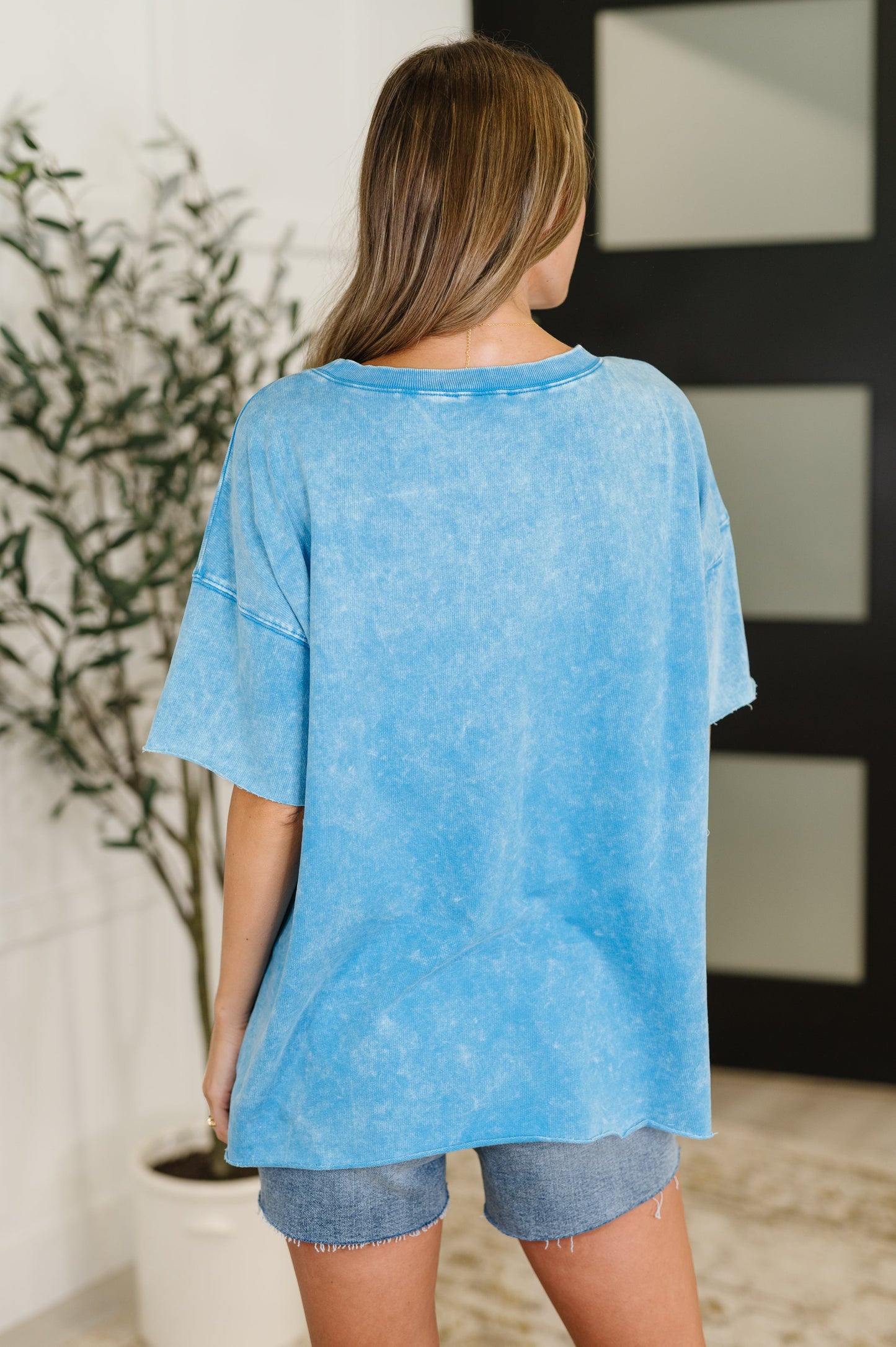 Zenana Washed Short Sleeve Top in Deep Sky