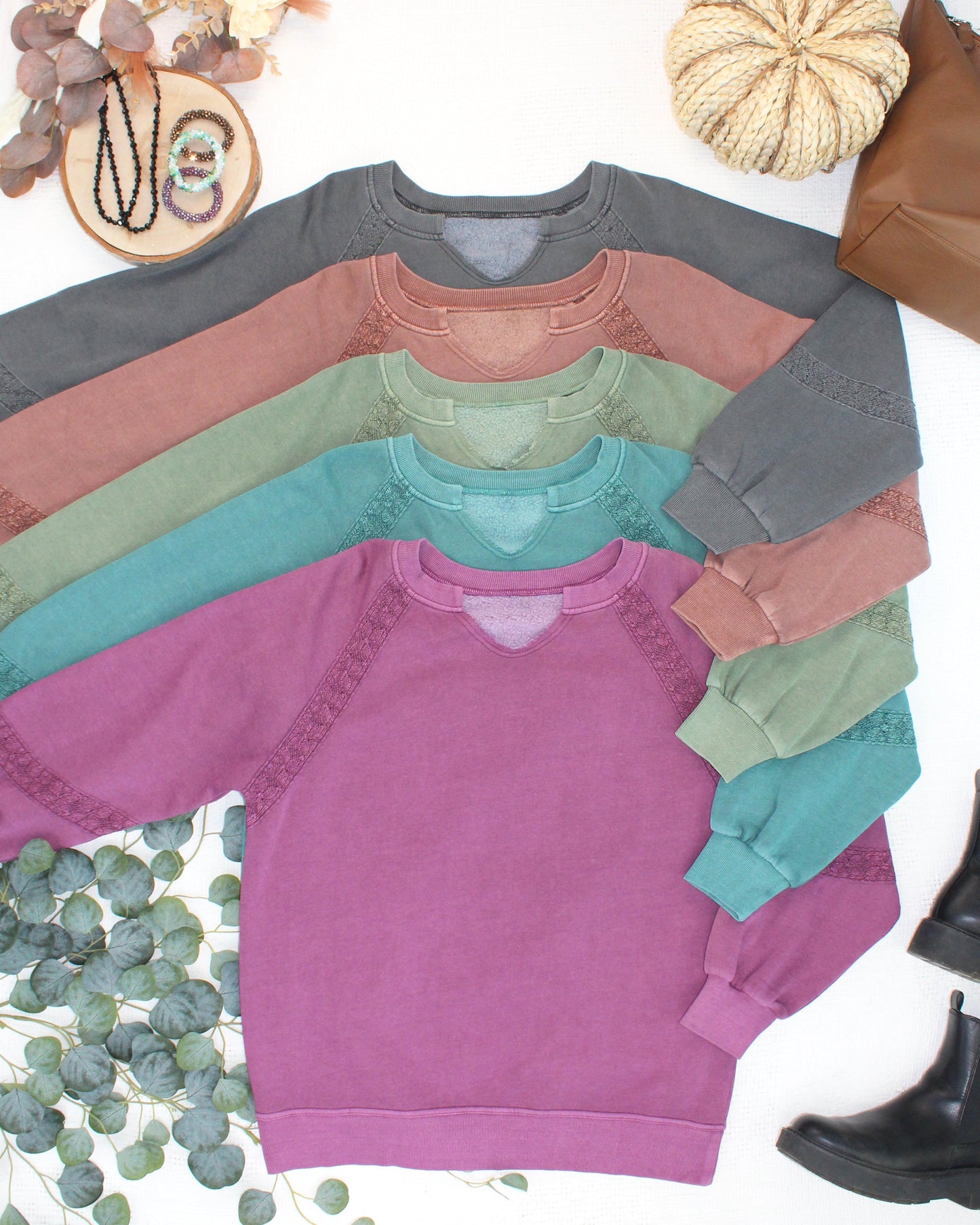 Lace Accent Vintage Wash Pullover - Teal