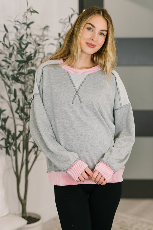 Exposed Seam Trim Accent Pullover in Grey