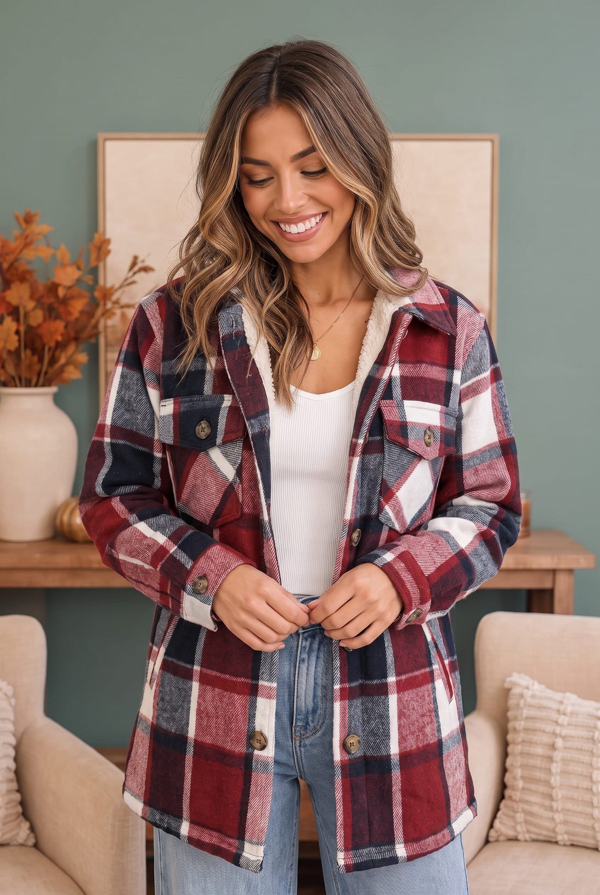 Cozy Cabin Vibes Sherpa Lined Flannel Shacket