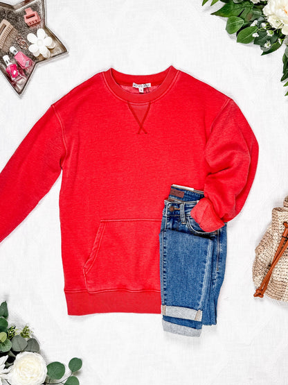 Vintage Wash Pocket Pullover - Red