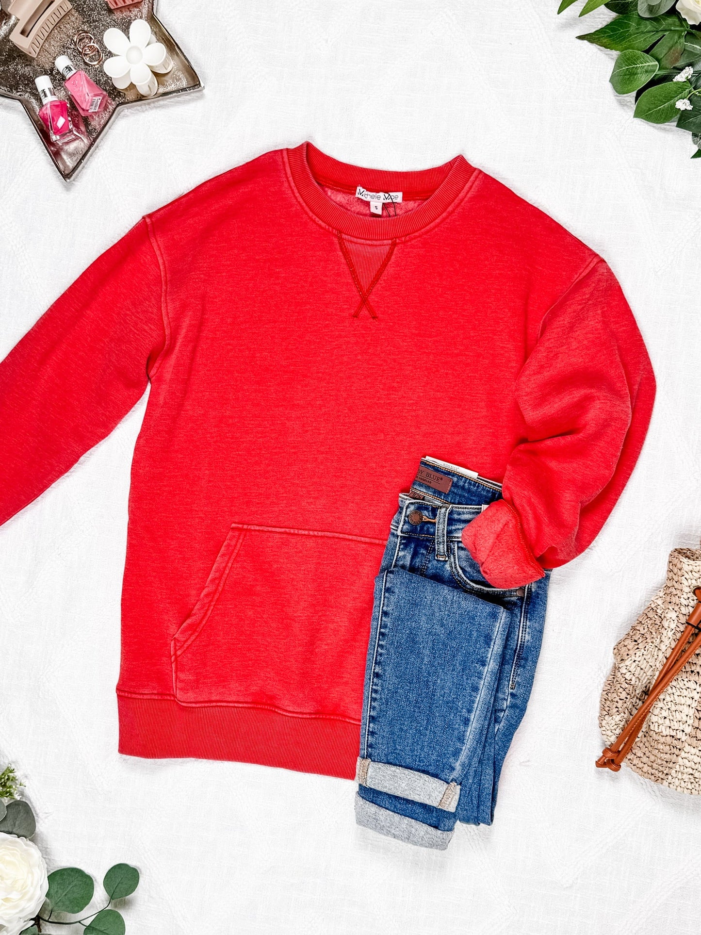 Vintage Wash Pocket Pullover - Red