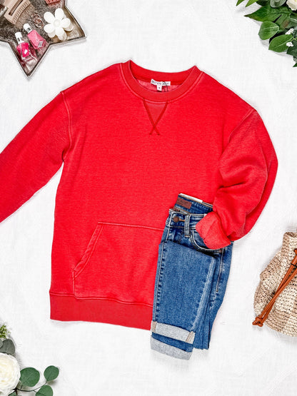Vintage Wash Pocket Pullover - Red