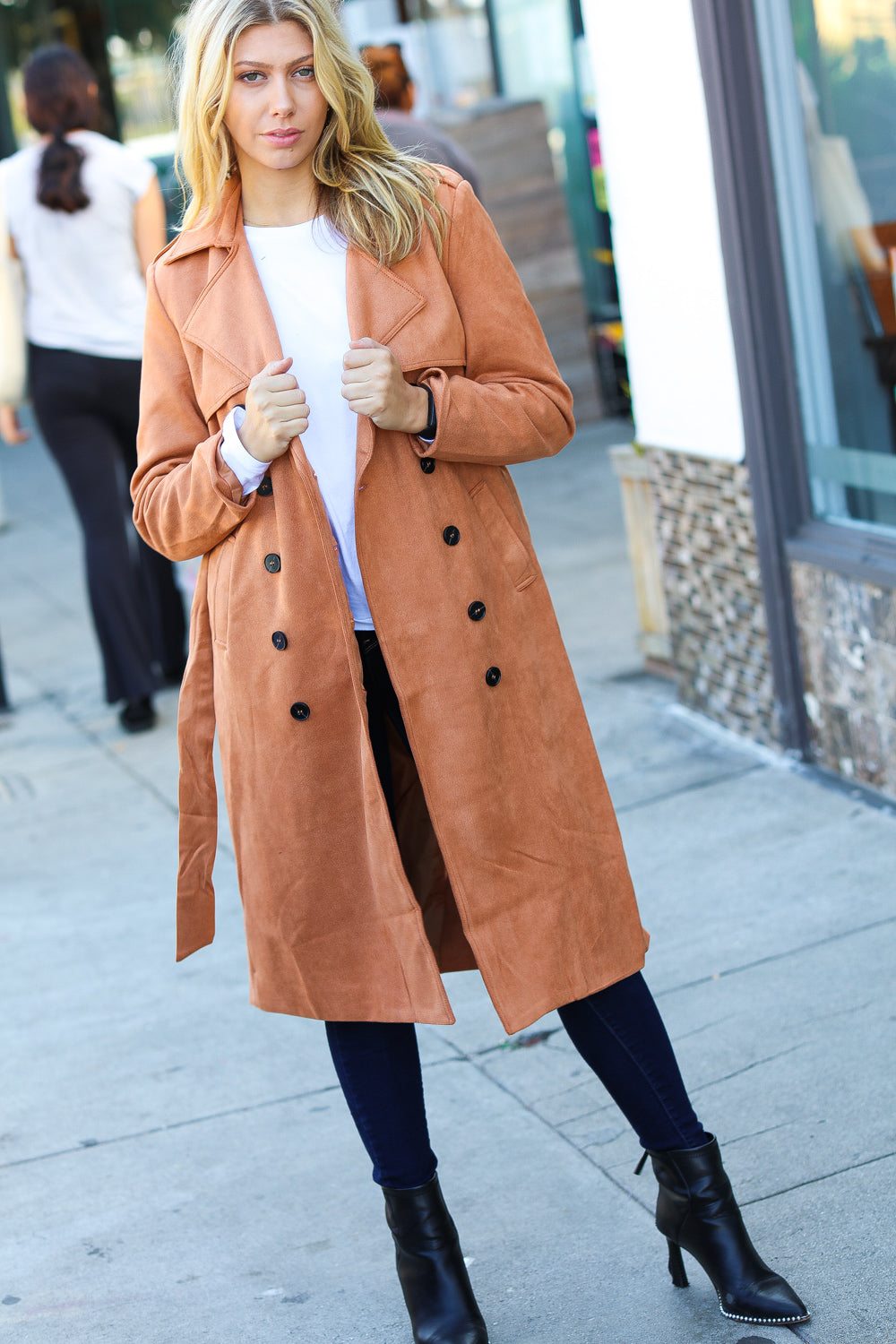 Rust Suede Double Breasted Belted Lined Trench Coat