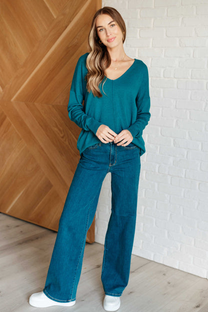 V-Neck Front Seam Sweater in Heather Ocean Teal