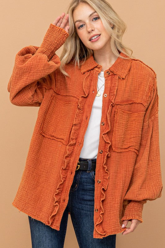 Everyday Smocked Ruffle Detail Button Up