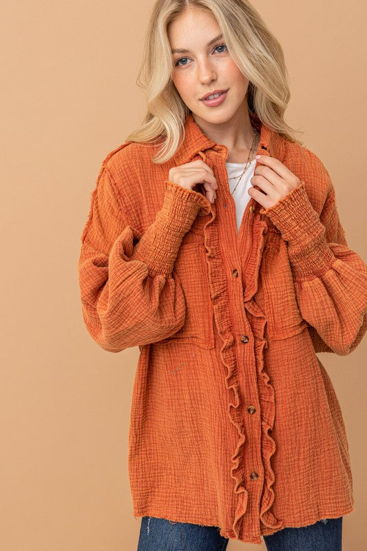 Everyday Smocked Ruffle Detail Button Up