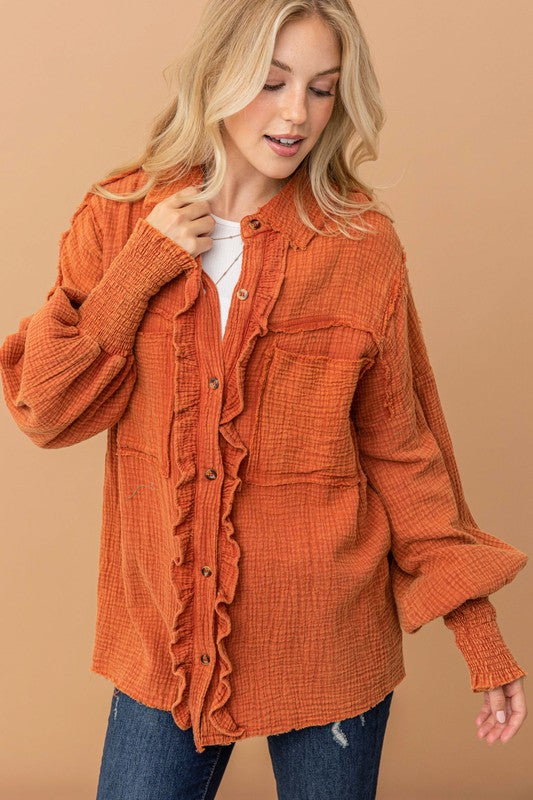 Everyday Smocked Ruffle Detail Button Up