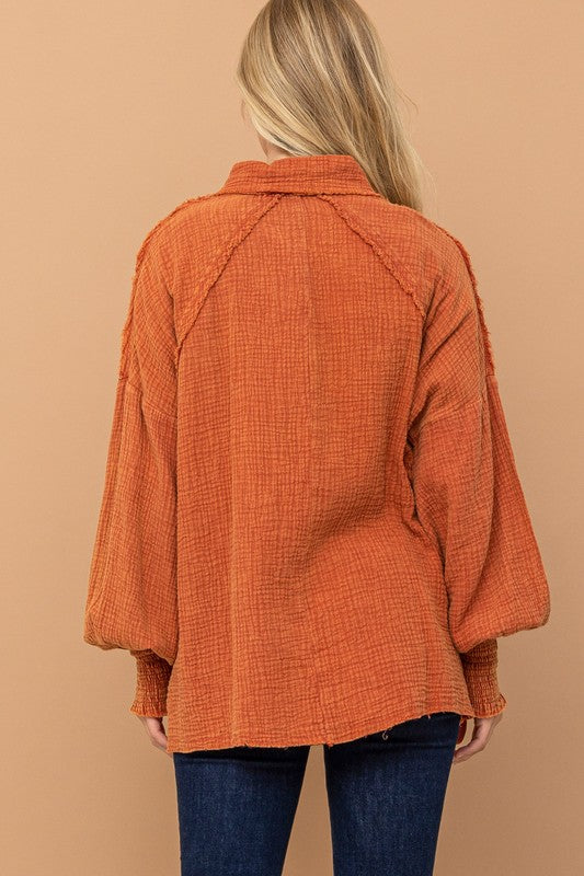 Everyday Smocked Ruffle Detail Button Up