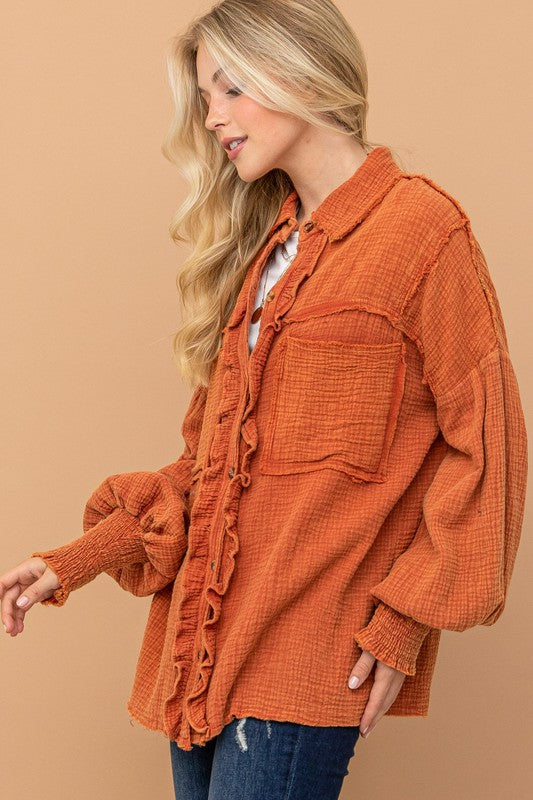 Everyday Smocked Ruffle Detail Button Up