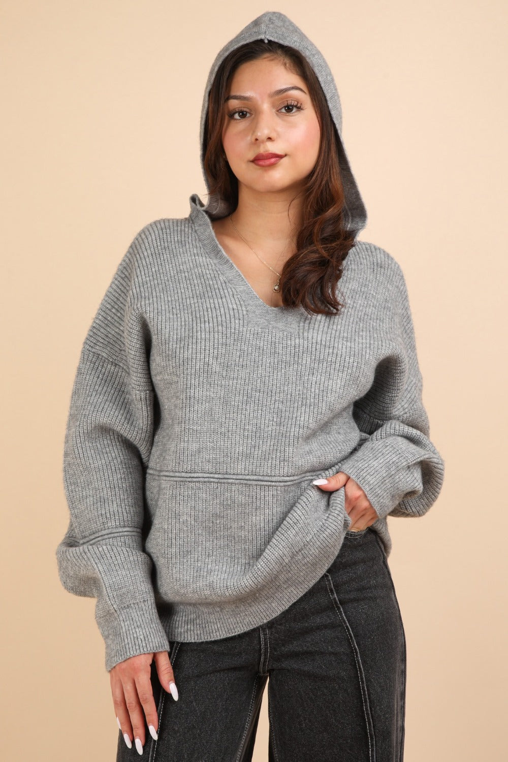 Seam Detail Drop Shoulder Hooded Sweater