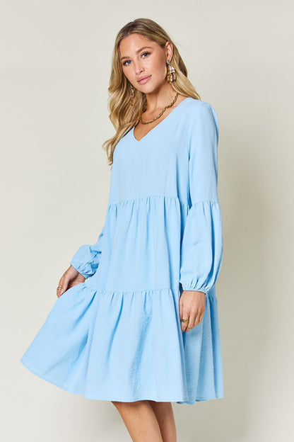 V-Neck Balloon Sleeve Tiered Dress with Pockets