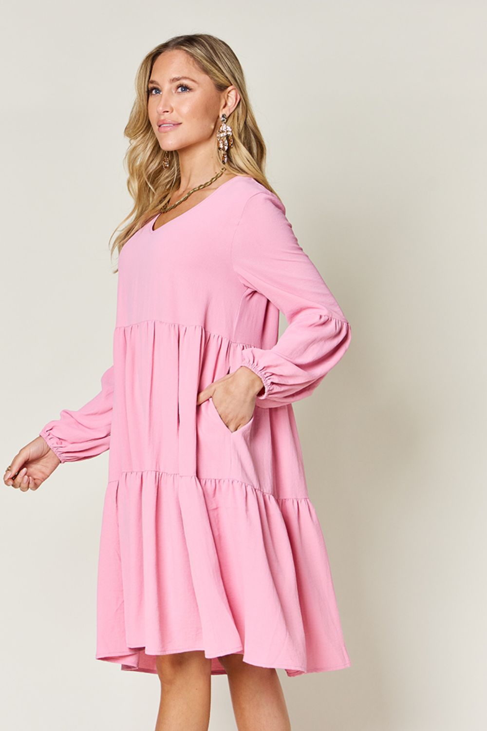 V-Neck Balloon Sleeve Tiered Dress with Pockets