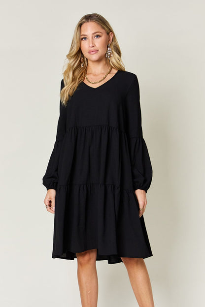 V-Neck Balloon Sleeve Tiered Dress with Pockets