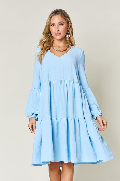 V-Neck Balloon Sleeve Tiered Dress with Pockets