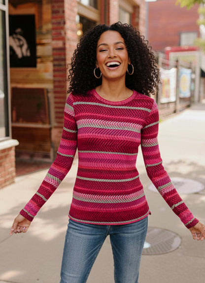 Keep Me Guessing Magenta Herringbone Long Sleeve