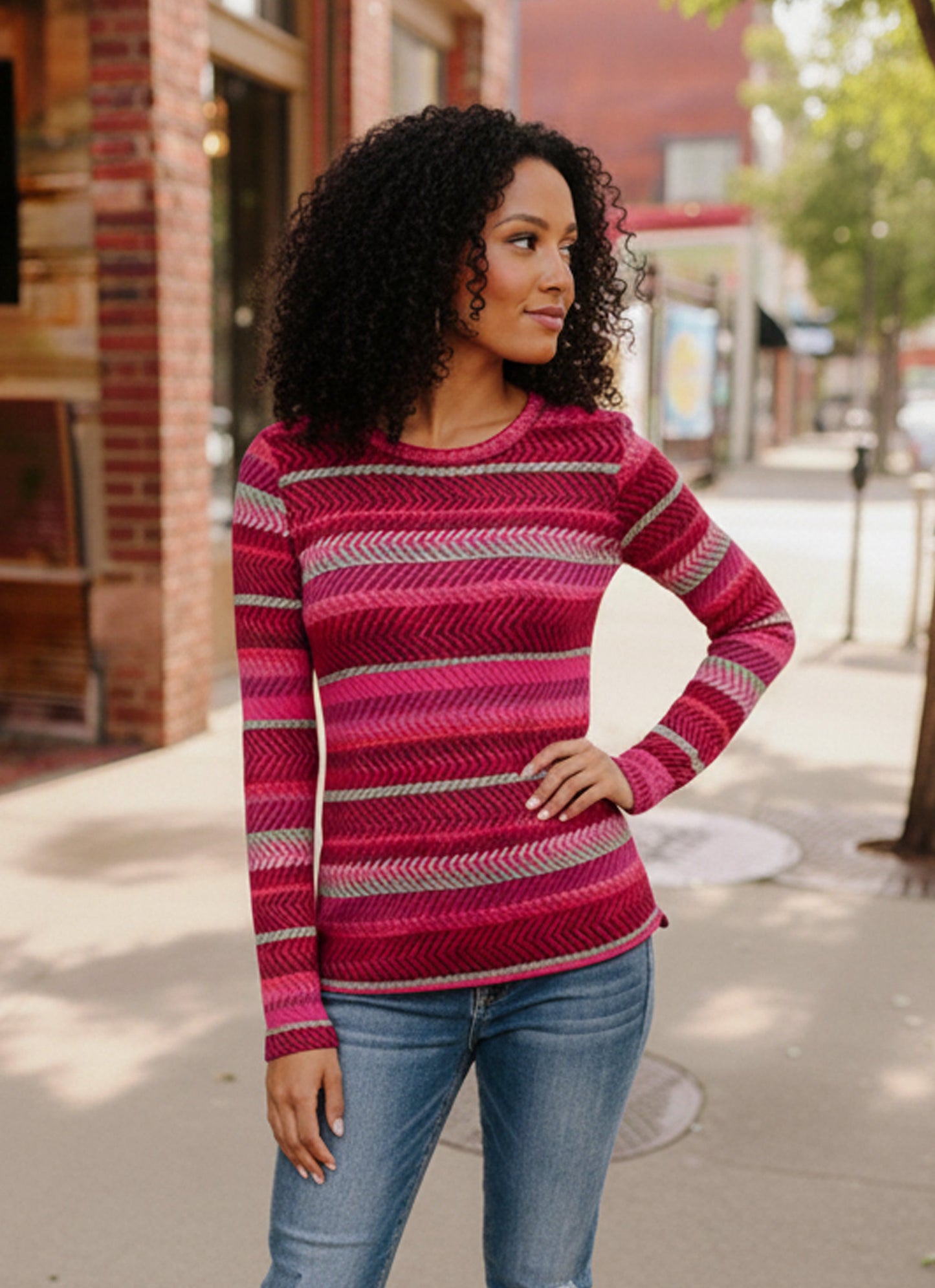 Keep Me Guessing Magenta Herringbone Long Sleeve