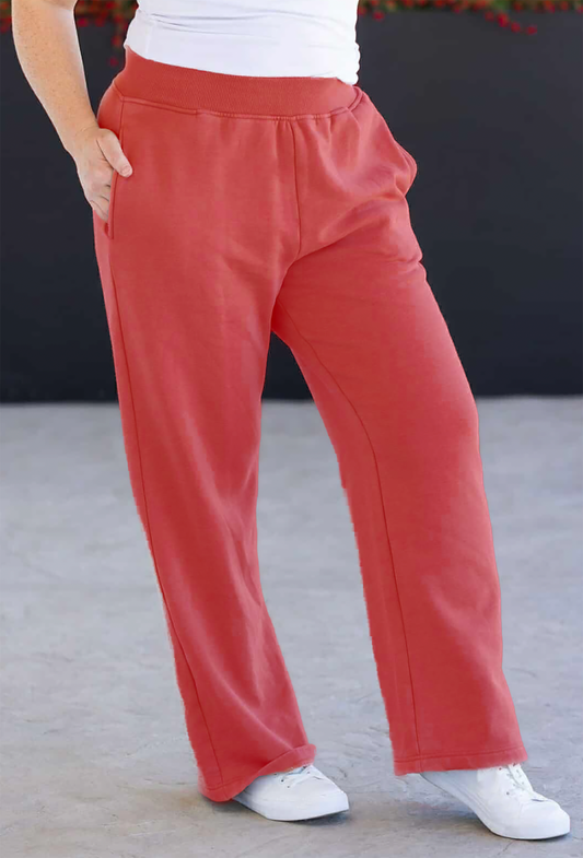 Wide Leg Vintage Wash Bottoms - Red
