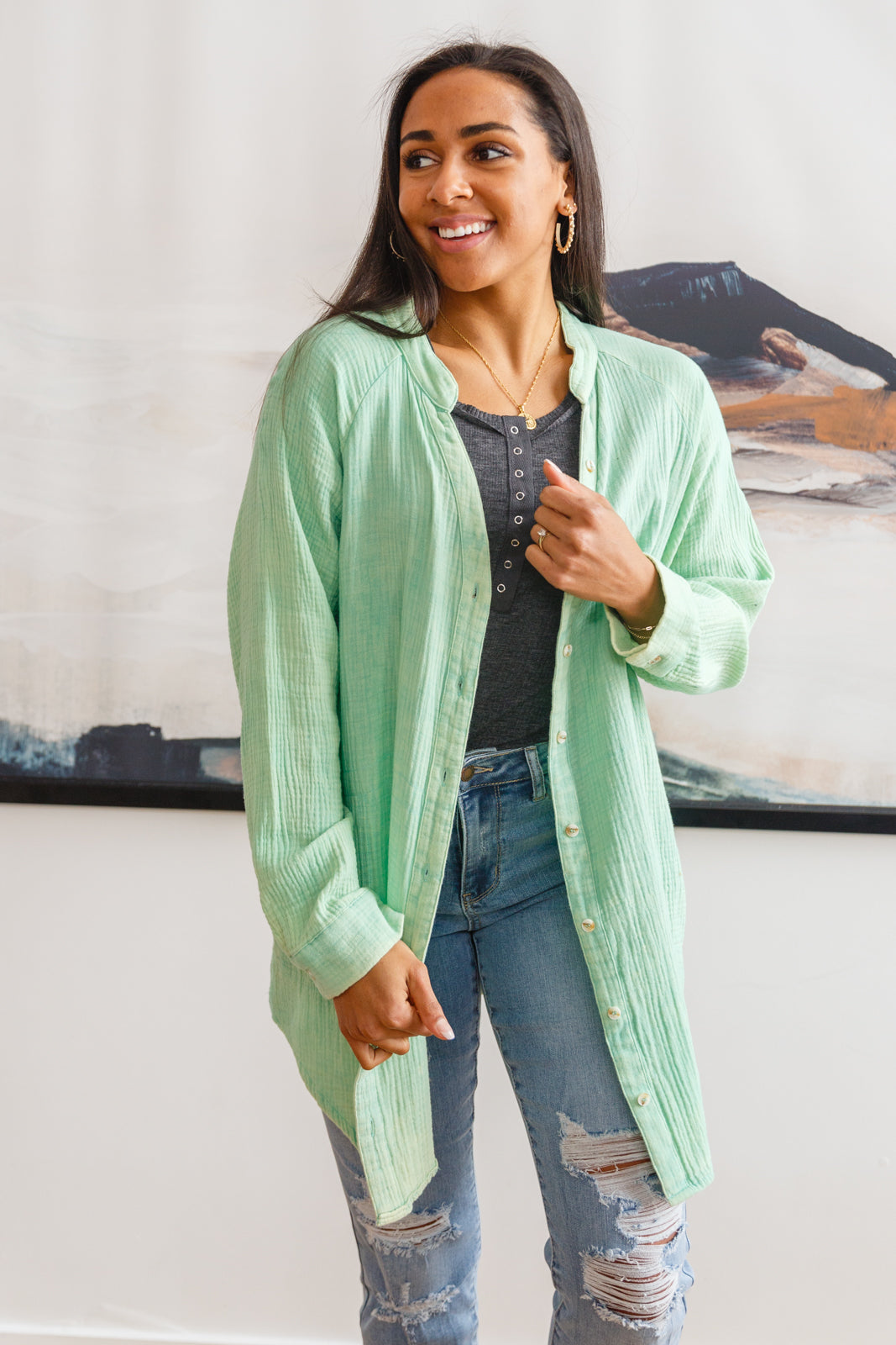 Corey Button Up Tunic In Vintage Green