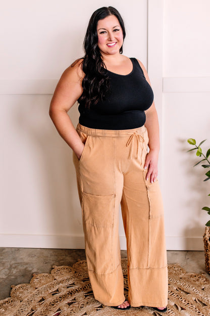 Wide Leg Cargo Pants With Pockets In Muted Marigold