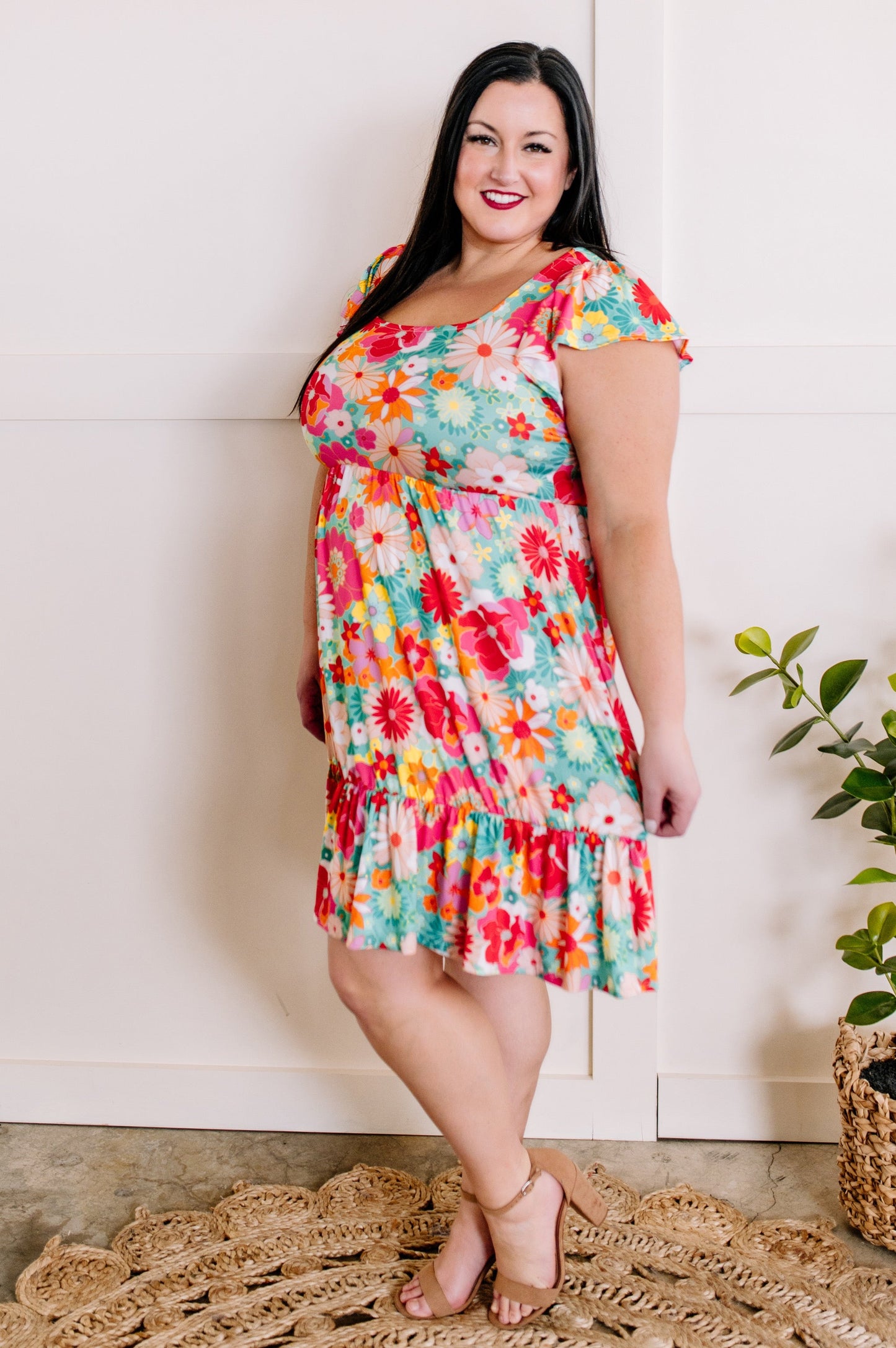 Square Neck Flutter Sleeve Dress In Bright Under The Sea Florals