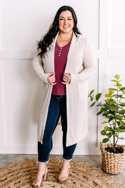 Open Front Knit Hooded Cardigan With Pockets