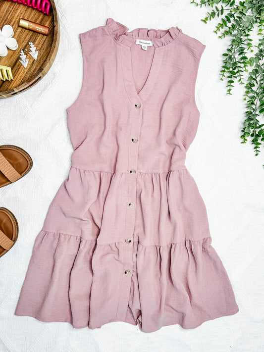 Tiered Button Front Sleeveless Dress In Dusty Pink