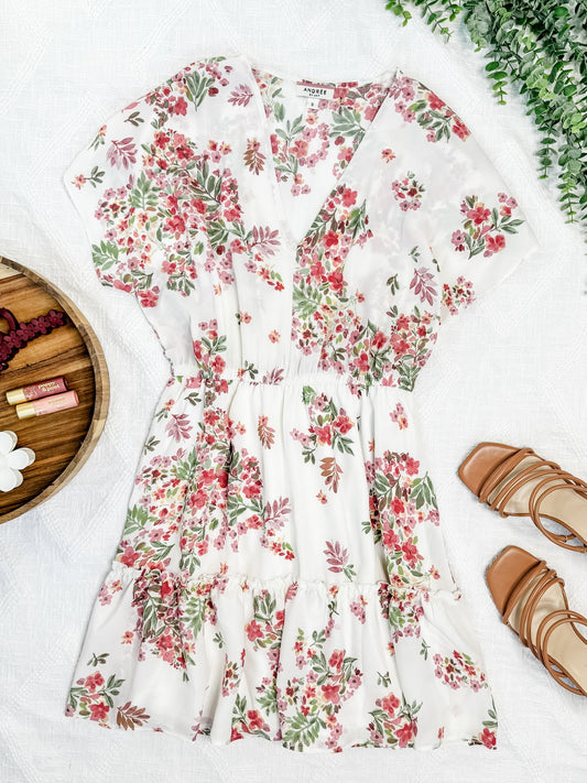 Ivory Floral Dress In Sage & Cherry