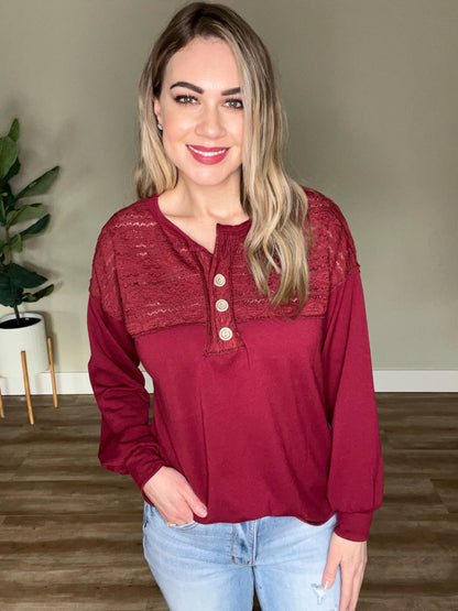 Henley Lace Front Top In Cherry
